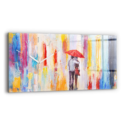 Glass wall clock rectangular Couple in the rain