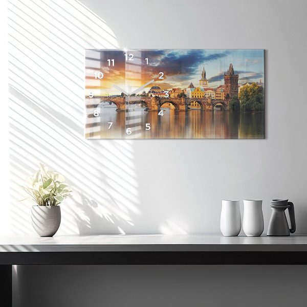 Glass wall clock rectangular Panorama over the river