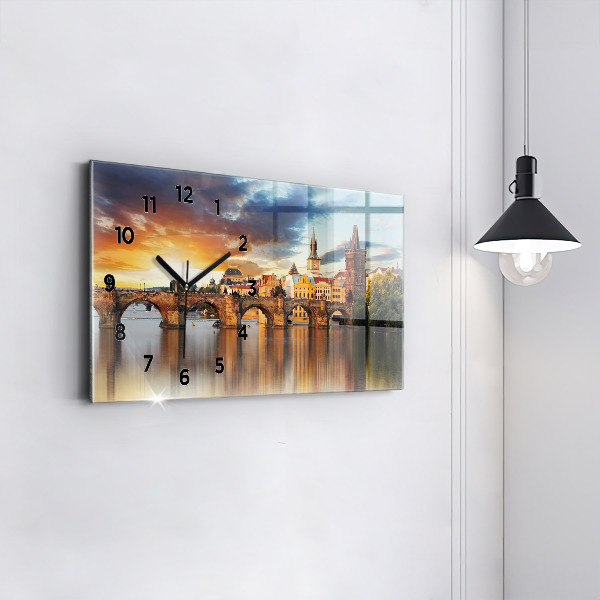 Glass wall clock rectangular Panorama over the river