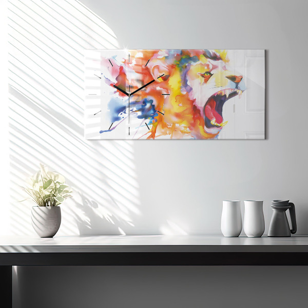 Glass wall clock rectangular Lion - watercolor