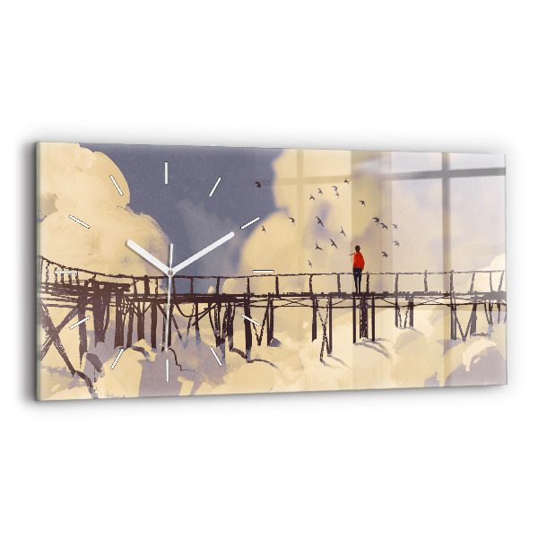 Glass wall clock rectangular Man on the old bridge