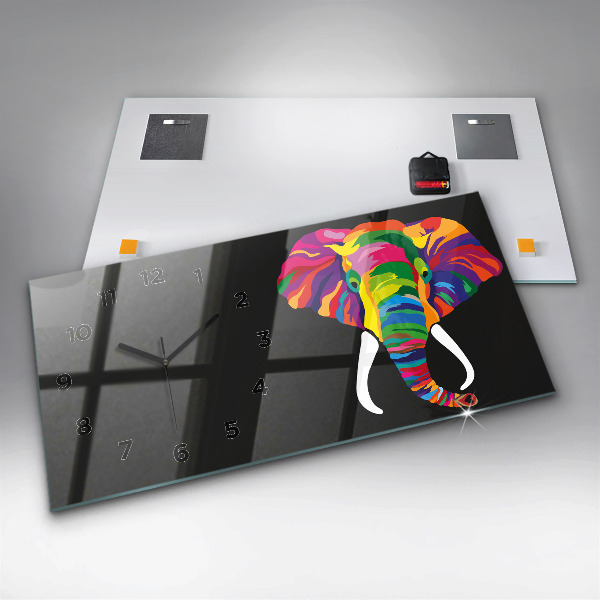 Glass wall clock rectangular Colorful elephant
