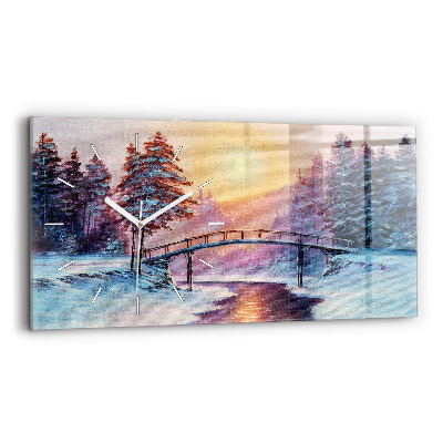 Glass wall clock rectangular Christmas tree and bridge