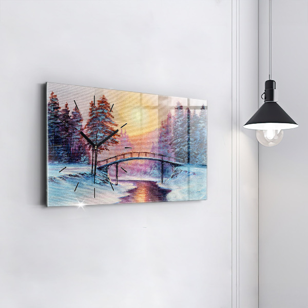 Glass wall clock rectangular Christmas tree and bridge