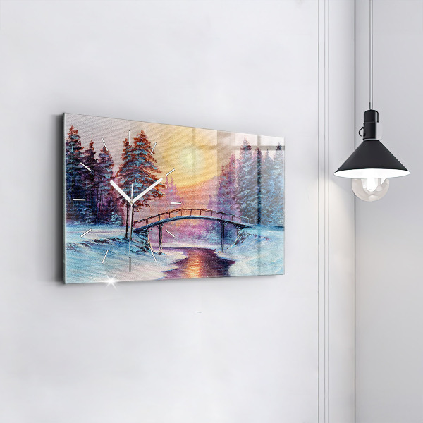 Glass wall clock rectangular Christmas tree and bridge