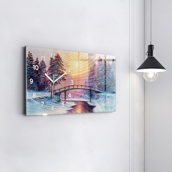 Glass wall clock rectangular Christmas tree and bridge