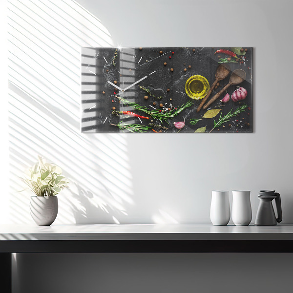Glass wall clock rectangular Spices on the counter