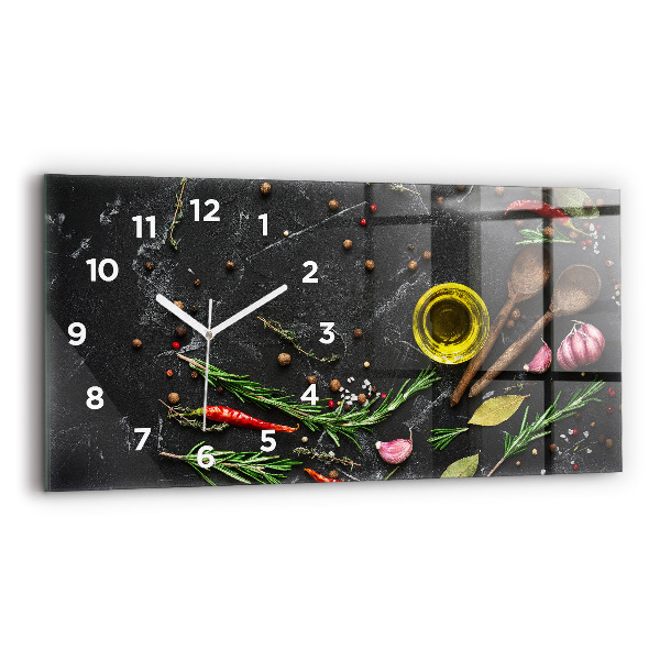 Glass wall clock rectangular Spices on the counter
