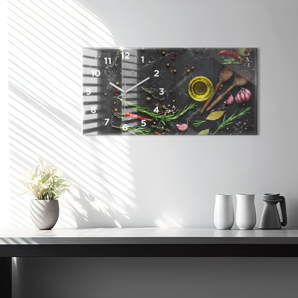 Glass wall clock rectangular Spices on the counter