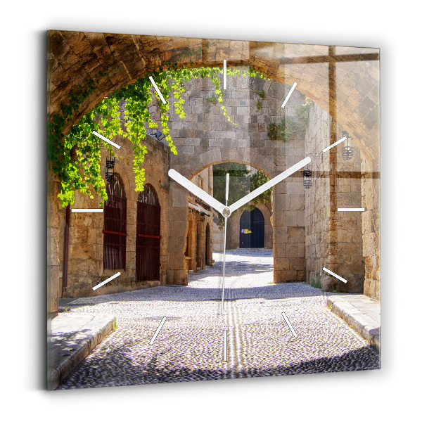 Square glass wall clock Picturesque street of Rhodes