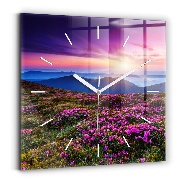 Square glass wall clock Sunrise and flowers