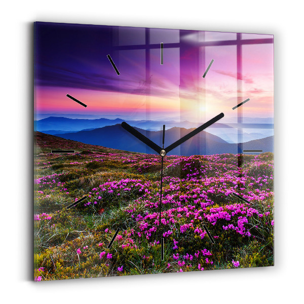 Square glass wall clock Sunrise and flowers