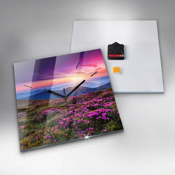 Square glass wall clock Sunrise and flowers