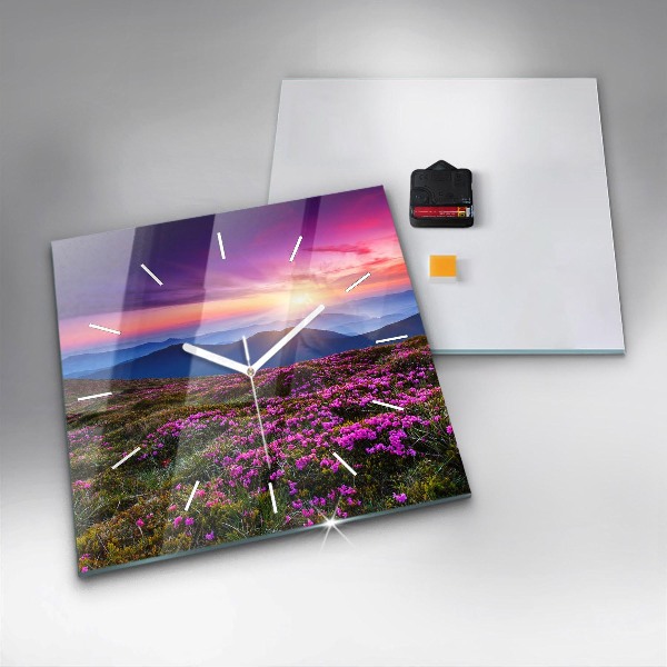 Square glass wall clock Sunrise and flowers
