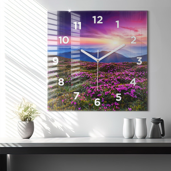 Square glass wall clock Sunrise and flowers