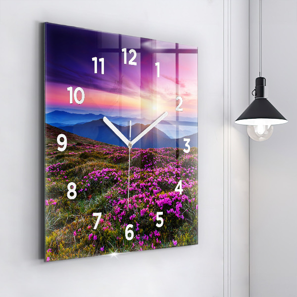 Square glass wall clock Sunrise and flowers