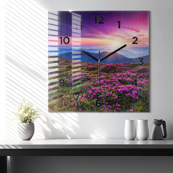 Square glass wall clock Sunrise and flowers