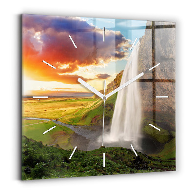 Square glass wall clock Waterfall in Iceland