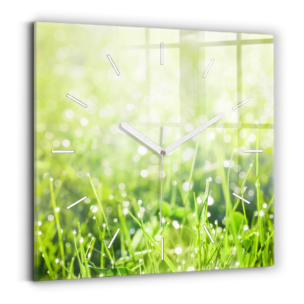 Square glass wall clock Green grass