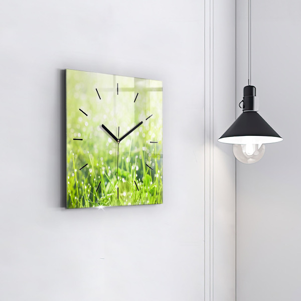 Square glass wall clock Green grass