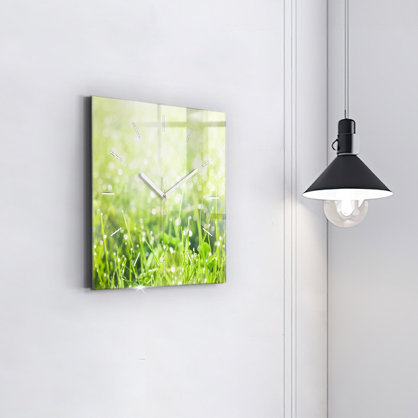 Square glass wall clock Green grass