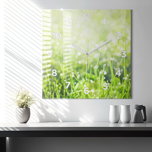 Square glass wall clock Green grass