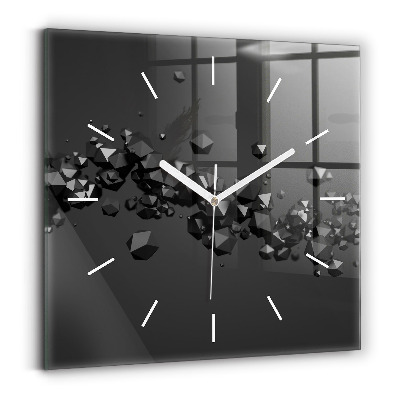 Square glass wall clock Black abstraction