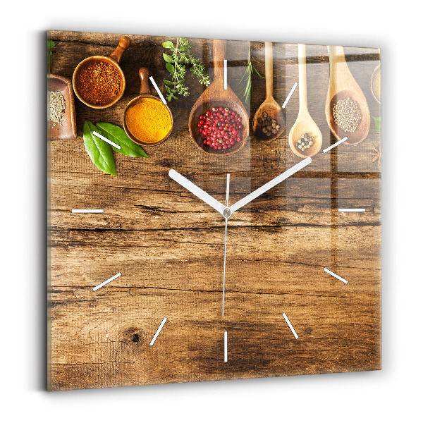 Square glass wall clock Spoons of spices