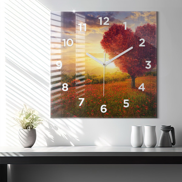 Square glass wall clock Love Heart Tree