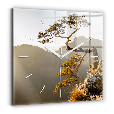 Square glass wall clock A tree in the mountains