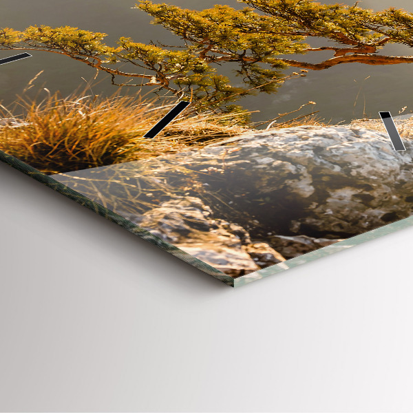 Square glass wall clock A tree in the mountains