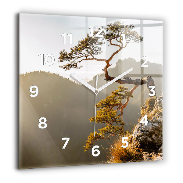Square glass wall clock A tree in the mountains