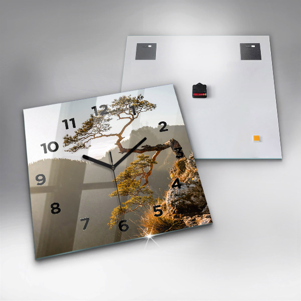 Square glass wall clock A tree in the mountains