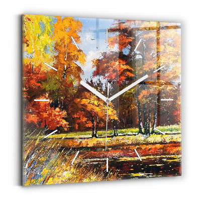 Square glass wall clock Autumn landscape with a river
