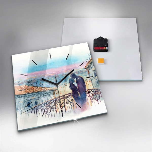 Square glass wall clock People in watercolor
