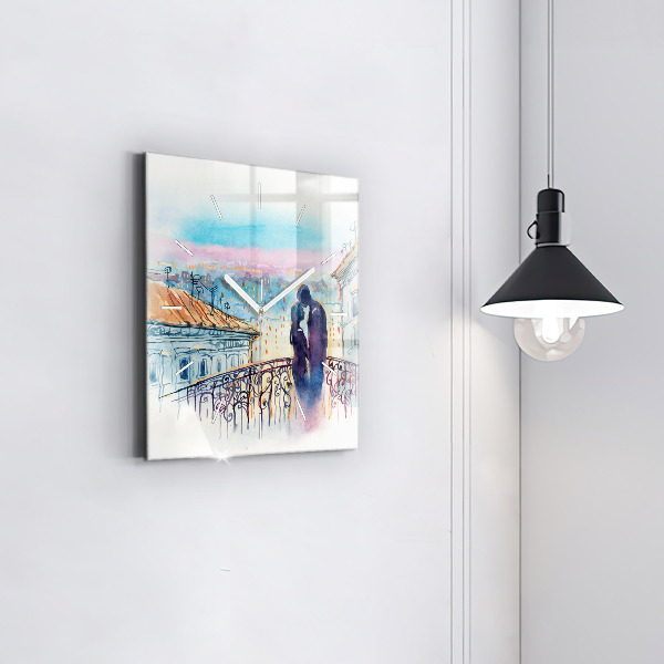 Square glass wall clock People in watercolor