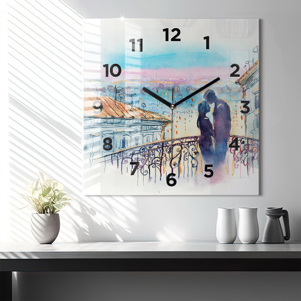Square glass wall clock People in watercolor
