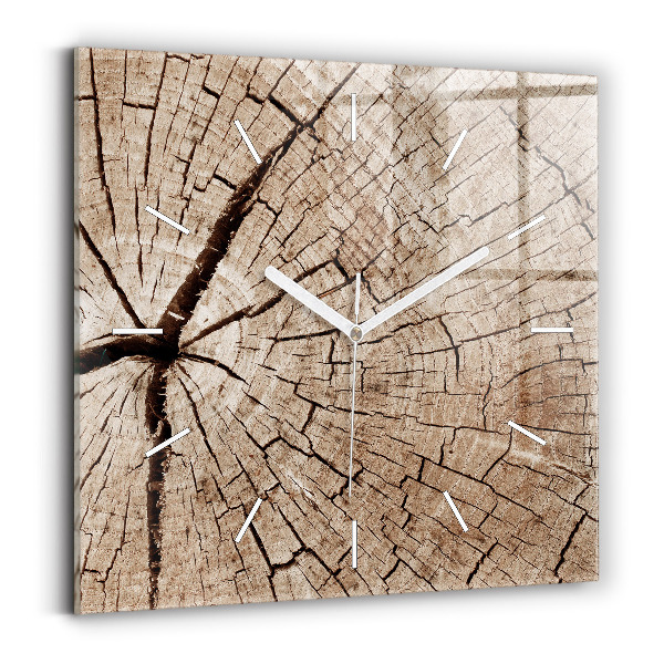 Square glass wall clock Old wood stump