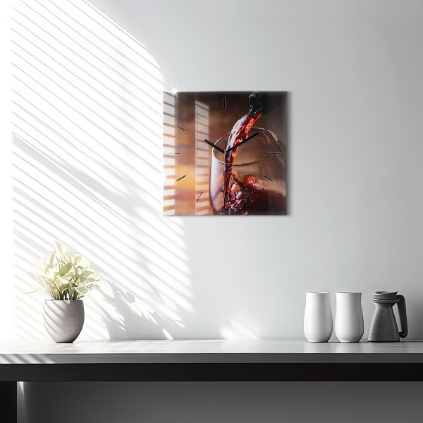 Square glass wall clock A glass of red wine