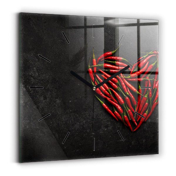 Square glass wall clock Heart of peppers