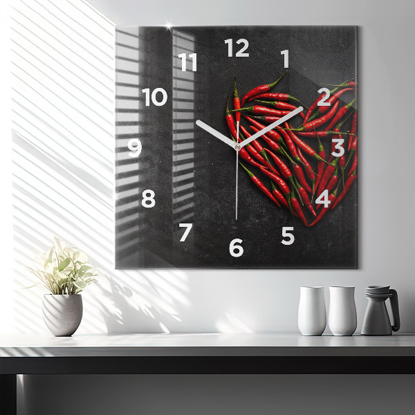 Square glass wall clock Heart of peppers