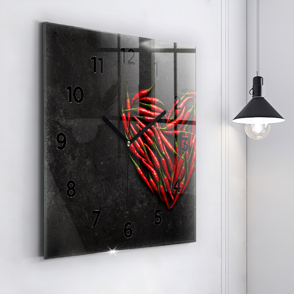 Square glass wall clock Heart of peppers