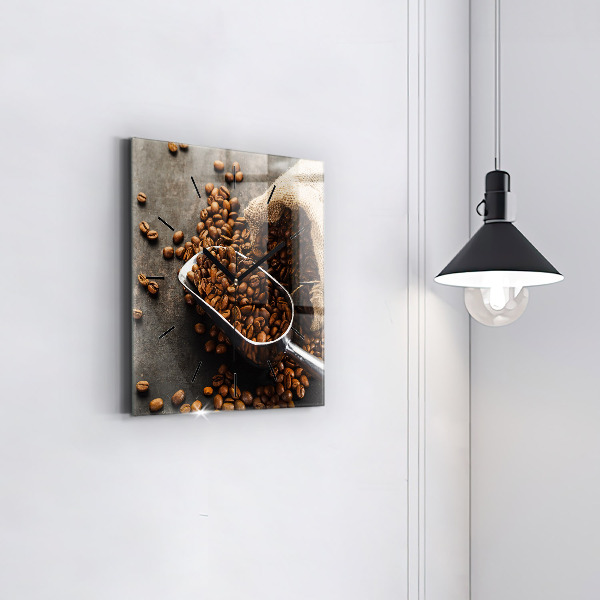 Square glass wall clock A bag of coffee beans