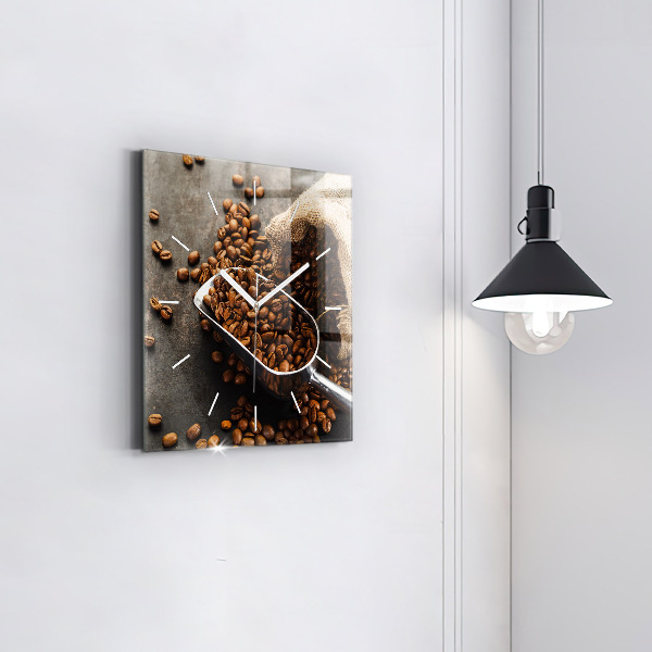 Square glass wall clock A bag of coffee beans
