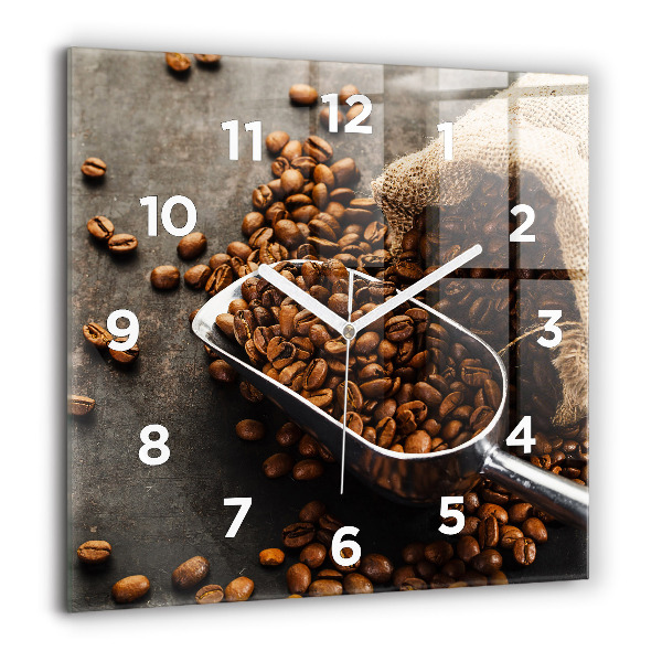 Square glass wall clock A bag of coffee beans