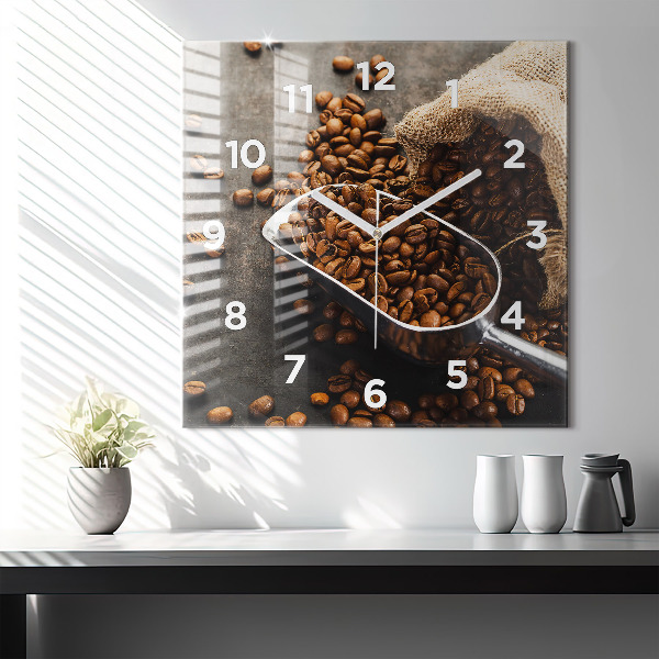 Square glass wall clock A bag of coffee beans