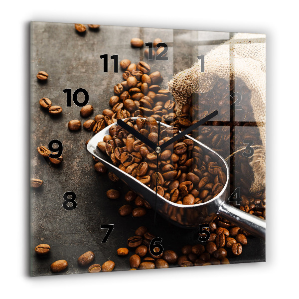 Square glass wall clock A bag of coffee beans