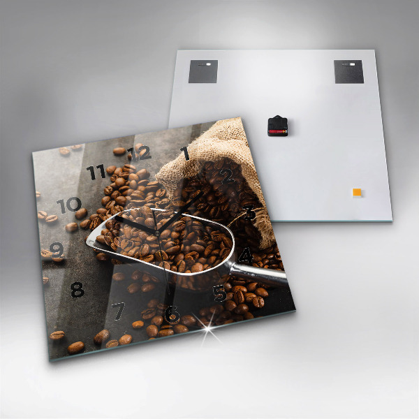 Square glass wall clock A bag of coffee beans