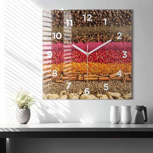 Square glass wall clock Rows of spices