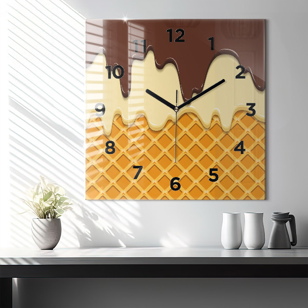 Square glass wall clock Waffle and ice cream